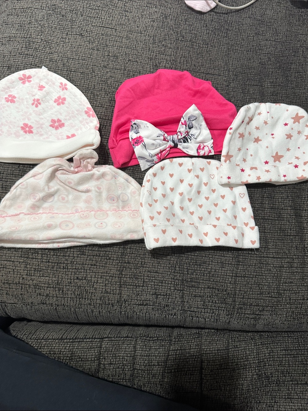 Baby Girls Pink and White Heart & Star Knit Hat Set set of 5